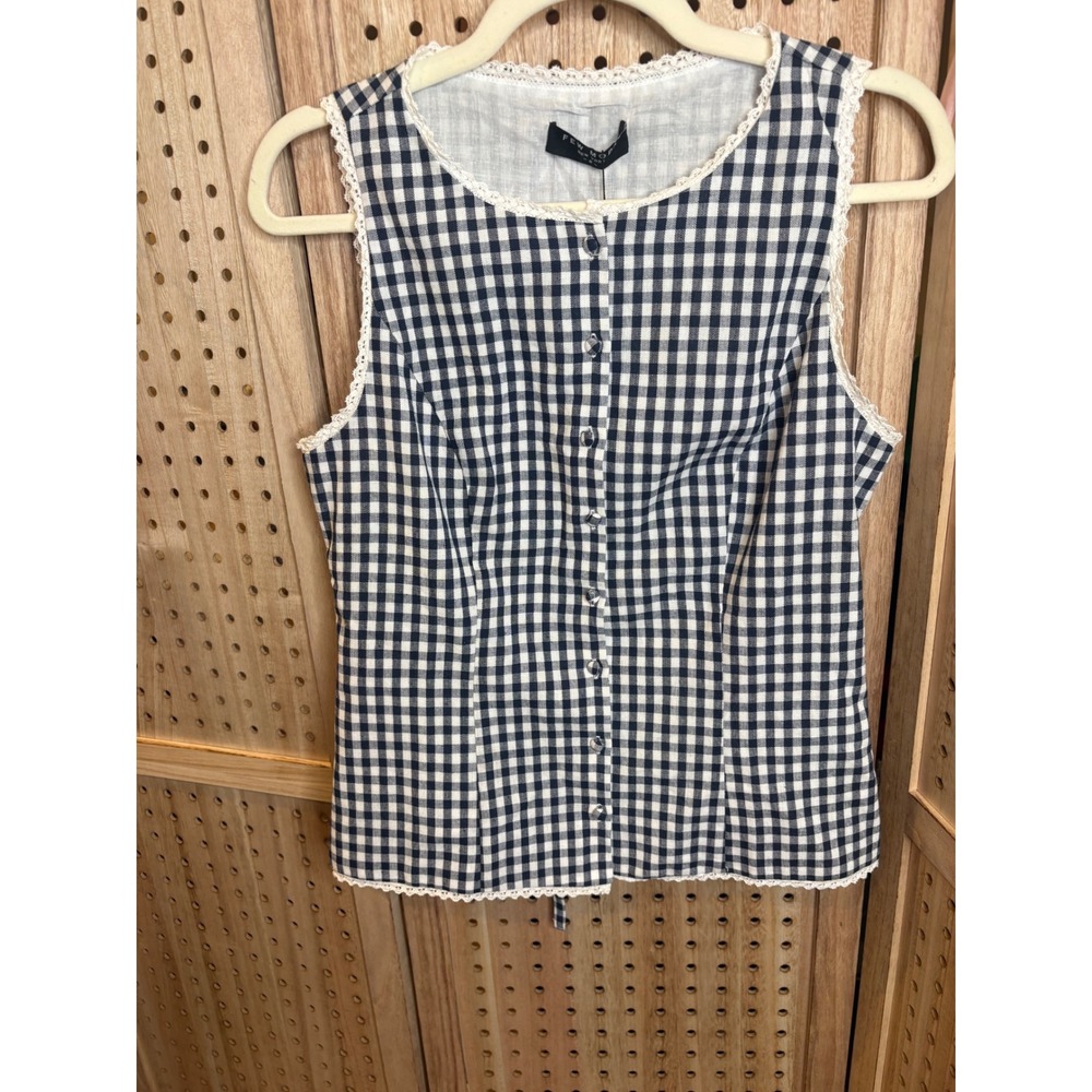 Few Moda New York Gingham Sleeveless Top Navy White Lace Trim Button Front NWT 8